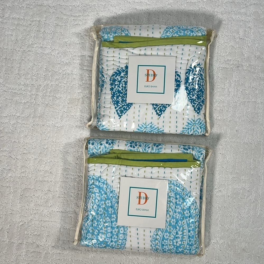 New! Studio D Euro pillow Shams lot of 2 blue white turquoise and lime green - Picture 2 of 8